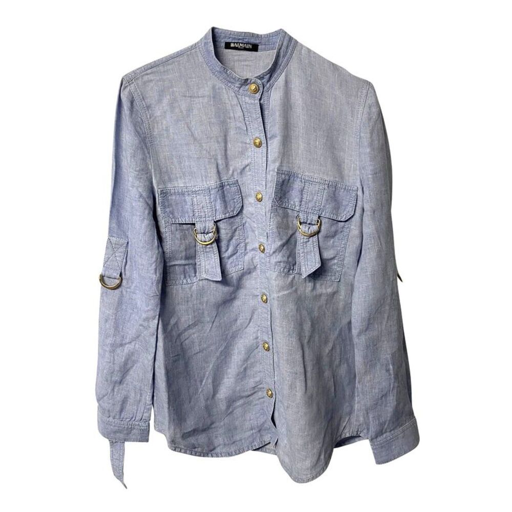 Balmain Shirt with Adjustable Sleeves with Pockets in Blue Linen